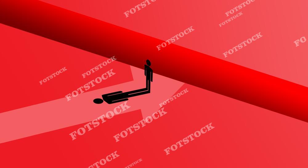 На изображении фигура человека в виде пиктограммы стоит перед крупным красным барьером. Тень фигуры изображает её на коленях, создавая контраст между внешним видом и внутренним состоянием. Сцена символизирует ментальные, эмоциональные или социальные барьеры, невозможность движения вперёд или момент отчаяния.